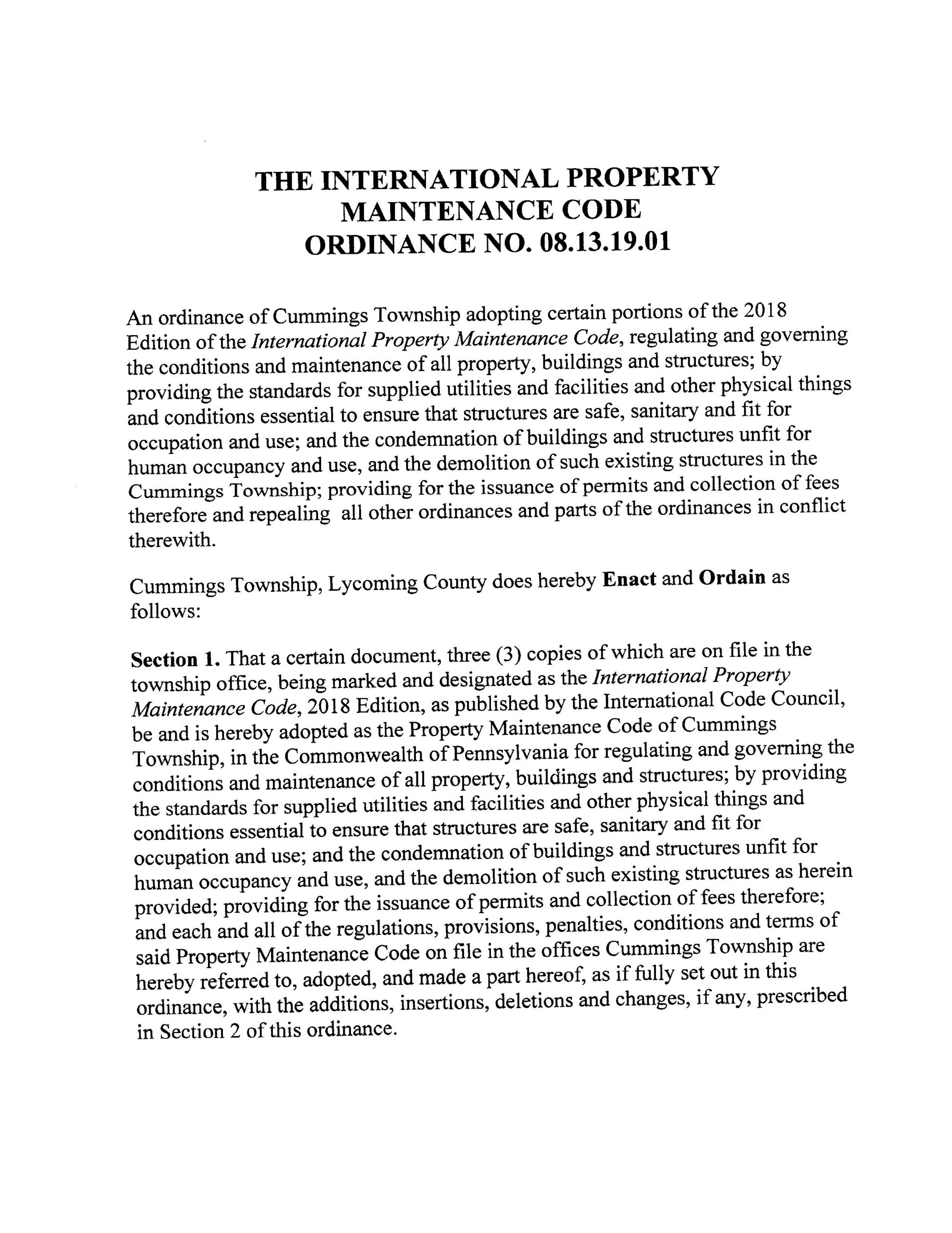 International Property Maintenance Code Cummings Township PA